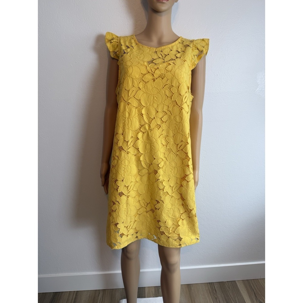 Monteau Yellow Floral Lace Shift Dress Ruffle Cap Sleeve Womens Knee Length XL